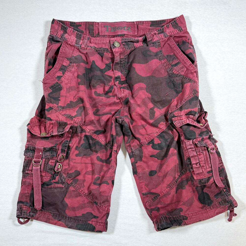 Y2K Twoce Twice Burgundy Black Camo Cargo Shorts 34 Baggy Buckle Skater Jorts